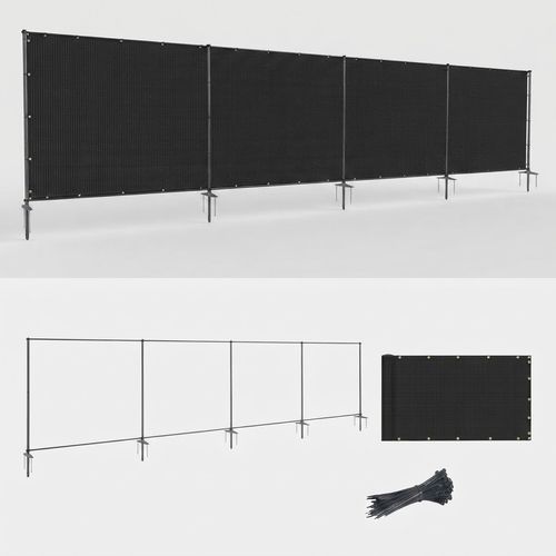Black freestanding privacy fence panel with iron poles