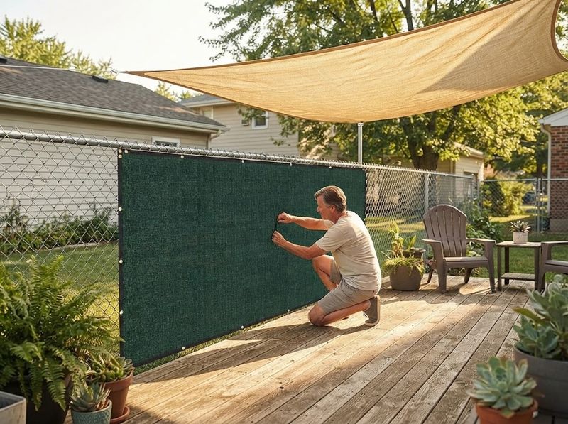 Green mesh privacy screen zip-tied to a chain-link fence