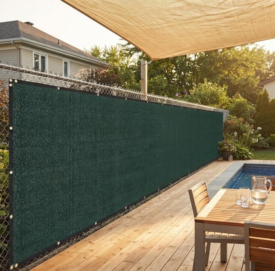 Green privacy fence screen on a backyard chain-link fence