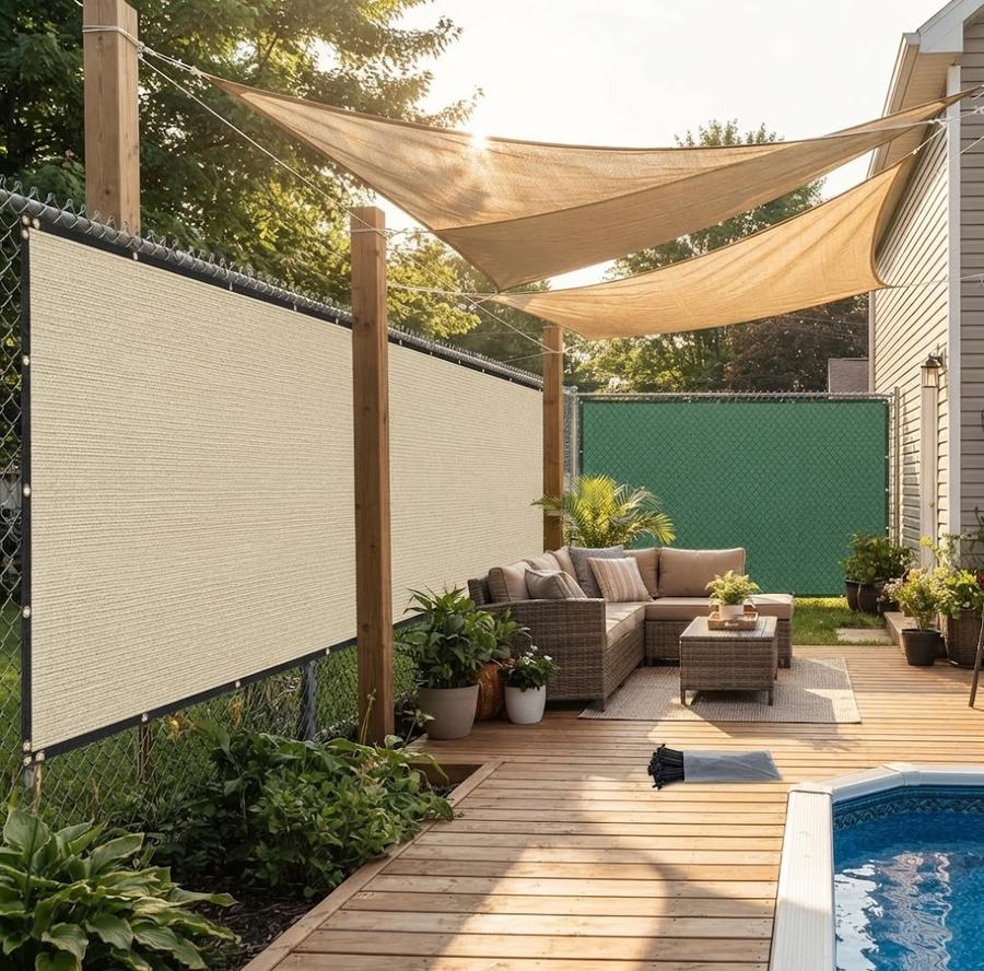 Beige privacy fence screen along a taller fence line