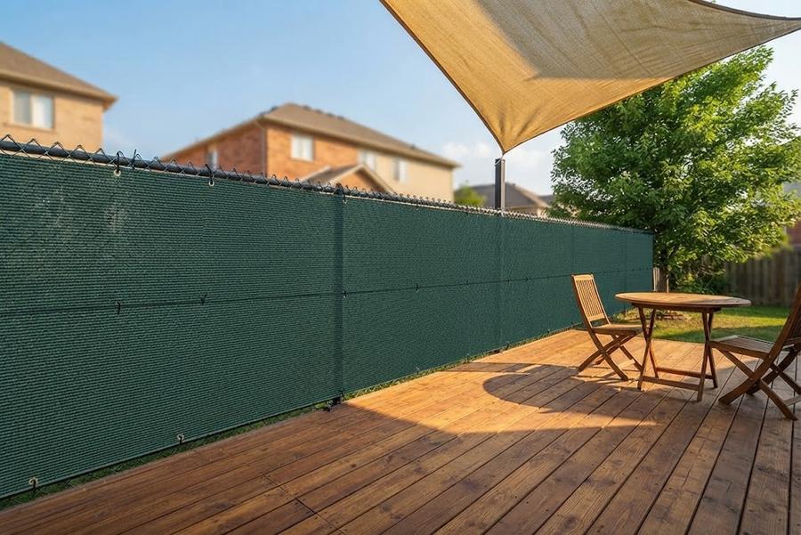 Green balcony privacy screen zip-tied to an apartment railing