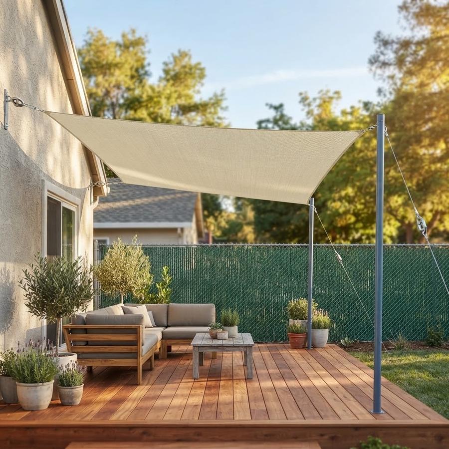 Large beige commercial shade sail spanning a carport