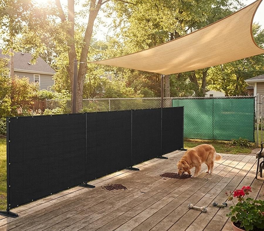 Black freestanding mesh fence panel with iron poles on a grass yard