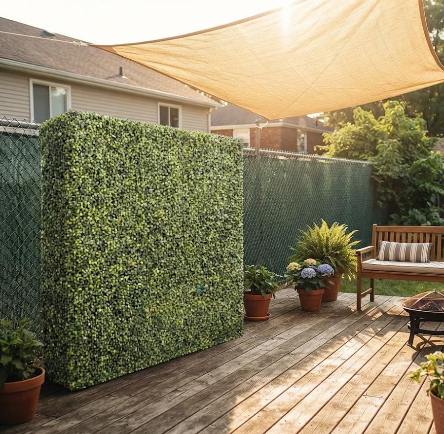 Artificial boxwood hedge panel standing against a balcony railing