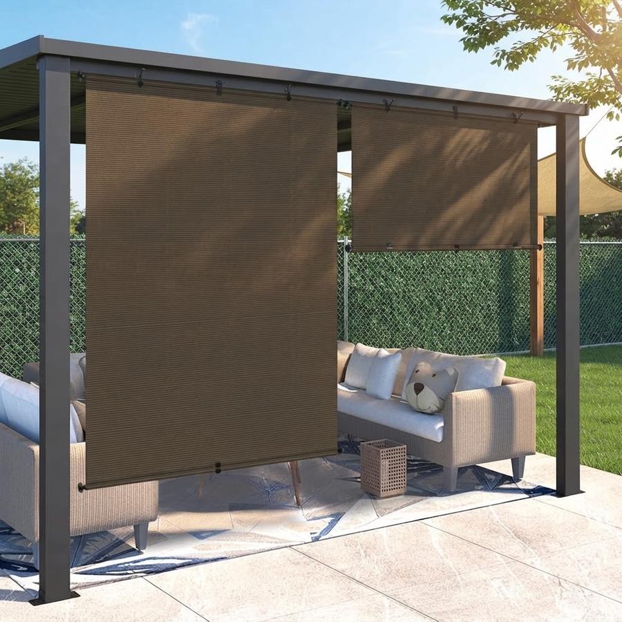 Brown foldable roller shade hung across a porch opening